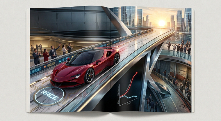 Illustration of a red Ferrari speeding up a rising financial-market roadway while a sleek black vehicle takes a lower route, as businesspeople and stock-market displays symbolize a competitive race in luxury automotive investing.