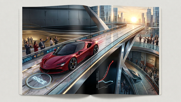 Illustration of a red Ferrari speeding up a rising financial-market roadway while a sleek black vehicle takes a lower route, as businesspeople and stock-market displays symbolize a competitive race in luxury automotive investing.
