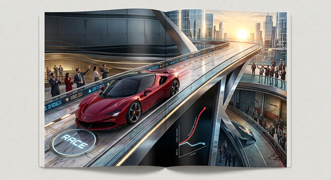 Illustration of a red Ferrari speeding up a rising financial-market roadway while a sleek black vehicle takes a lower route, as businesspeople and stock-market displays symbolize a competitive race in luxury automotive investing.