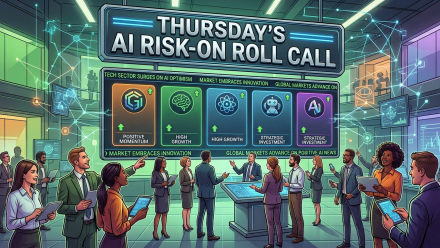 Illustrated Wall Street-style trading floor with investors viewing a large digital display titled “Thursday’s AI Risk-On Roll Call,” featuring rising green arrows and technology icons representing AI, semiconductors, robotics, cybersecurity, cryptocurrency and innovation-driven market momentum.