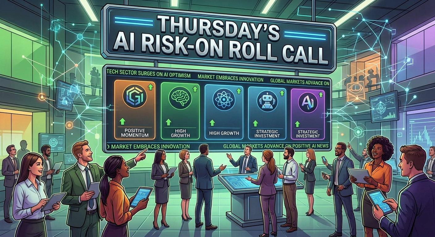 Illustrated Wall Street-style trading floor with investors viewing a large digital display titled “Thursday’s AI Risk-On Roll Call,” featuring rising green arrows and technology icons representing AI, semiconductors, robotics, cybersecurity, cryptocurrency and innovation-driven market momentum.