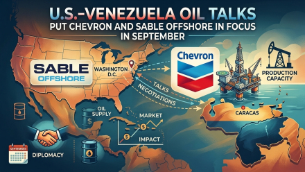 Illustrated map of the United States and Venezuela showing U.S.-Venezuela oil talks, Chevron’s offshore production platform, Sable Offshore branding, Washington, D.C., Caracas, oil supply barrels, and arrows representing energy negotiations and potential market impact.