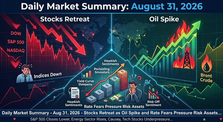 Illustrated daily market summary for August 31, 2026, showing falling Dow, S&P 500, and Nasdaq charts on the left, rising oil and Brent crude prices on the right, and a central graphic linking hawkish Federal Reserve sentiment, higher yields, rate fears, and risk-off investor positioning.