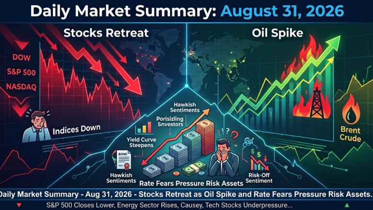 Illustrated daily market summary for August 31, 2026, showing falling Dow, S&P 500, and Nasdaq charts on the left, rising oil and Brent crude prices on the right, and a central graphic linking hawkish Federal Reserve sentiment, higher yields, rate fears, and risk-off investor positioning.
