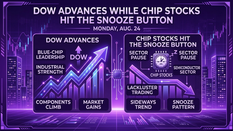 Purple financial-news infographic titled “Dow Advances While Chip Stocks Hit the Snooze Button” for Monday, Aug. 24, 2026. The left panel shows rising candlestick charts, upward arrows and labels highlighting Dow gains, blue-chip leadership, industrial strength and climbing components. The right panel depicts a microchip with a clock and “Z” symbols, downward and sideways charts, and labels describing lackluster semiconductor-sector trading and a snooze pattern.