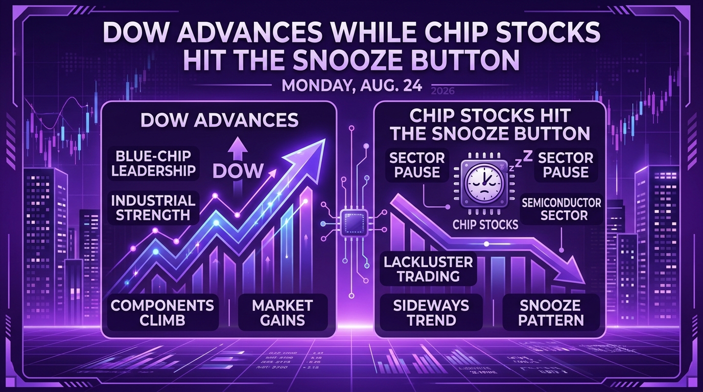 Purple financial-news infographic titled “Dow Advances While Chip Stocks Hit the Snooze Button” for Monday, Aug. 24, 2026. The left panel shows rising candlestick charts, upward arrows and labels highlighting Dow gains, blue-chip leadership, industrial strength and climbing components. The right panel depicts a microchip with a clock and “Z” symbols, downward and sideways charts, and labels describing lackluster semiconductor-sector trading and a snooze pattern.