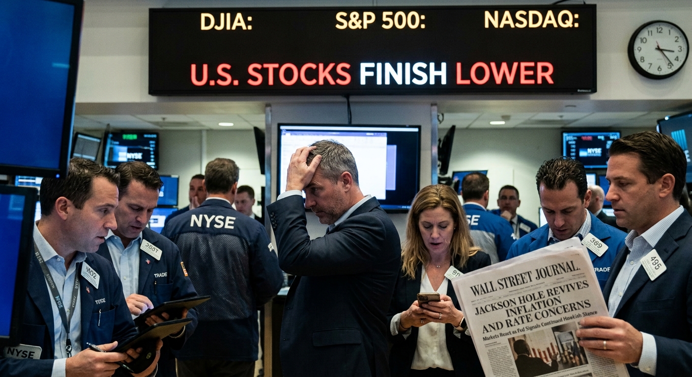 Traders on the New York Stock Exchange floor react beneath an electronic board reading “U.S. Stocks Finish Lower,” while a newspaper headline references Jackson Hole, inflation concerns, and interest rates.