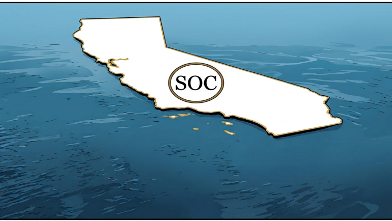 Illustrated map of California floating over the Pacific Ocean with “SOC” displayed inside a circle, representing Sable Offshore Corp. and its California offshore oil operations.