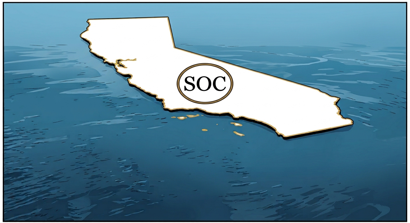 Illustrated map of California floating over the Pacific Ocean with “SOC” displayed inside a circle, representing Sable Offshore Corp. and its California offshore oil operations.