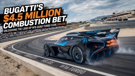 Black-and-blue Bugatti Bolide hypercar powers through a racetrack corner, with its W16 quad-turbo engine and “Bugatti’s $4.5 Million Combustion Bet” headline displayed above the track scene.