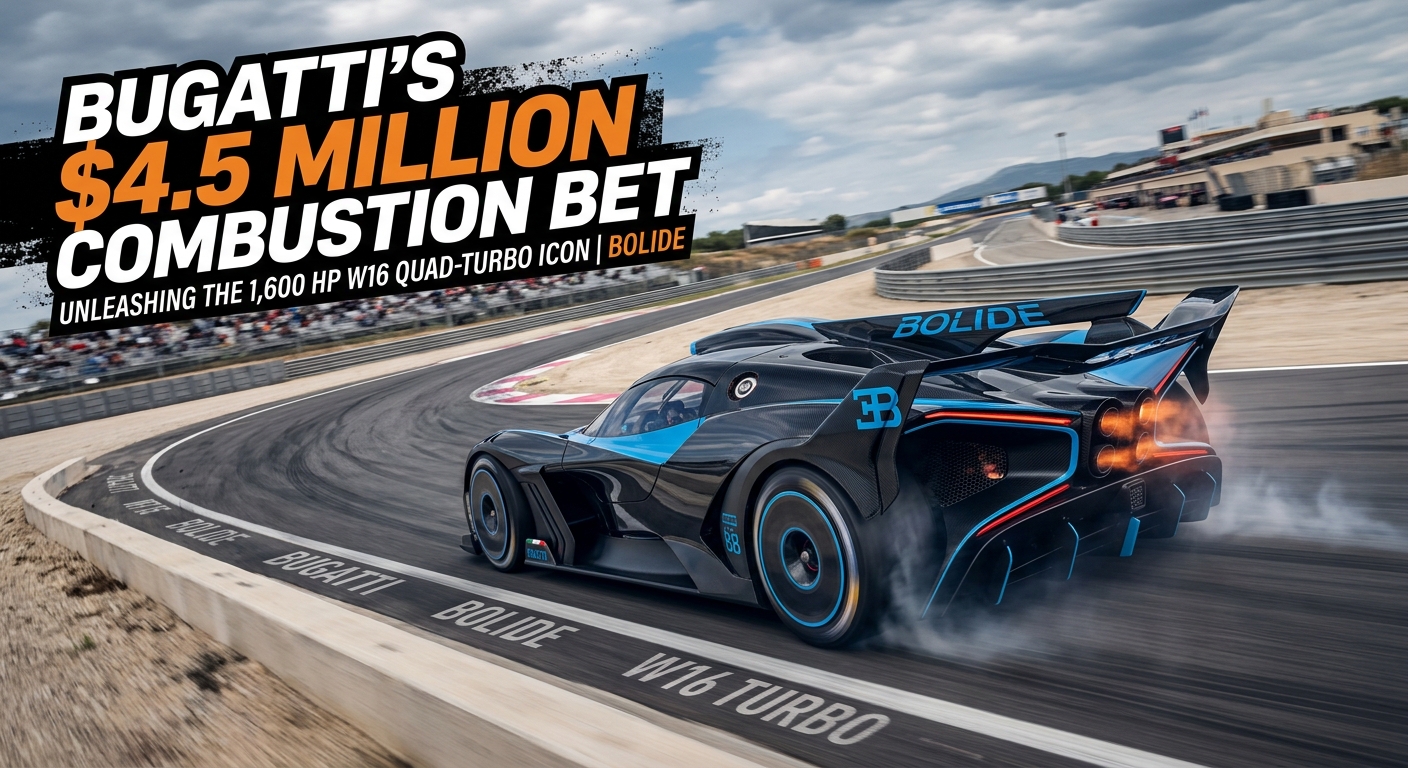 Black-and-blue Bugatti Bolide hypercar powers through a racetrack corner, with its W16 quad-turbo engine and “Bugatti’s $4.5 Million Combustion Bet” headline displayed above the track scene.