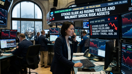 NYSE trading floor with screens showing stocks sliding as rising U.S. Treasury yields and Walmart (WMT) earnings pressure risk assets on August 20, 2026.
