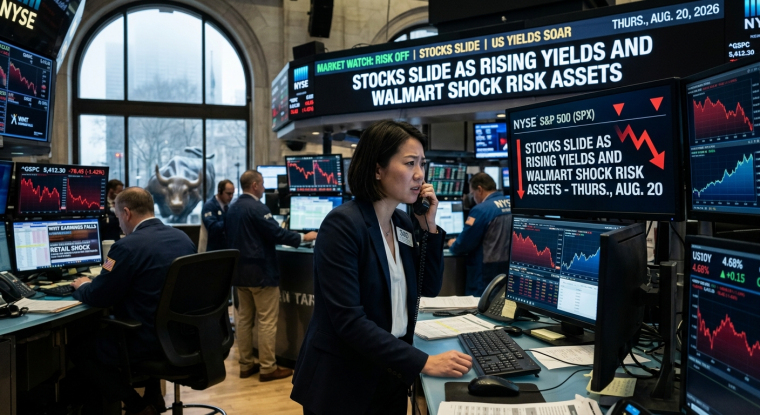 NYSE trading floor with screens showing stocks sliding as rising U.S. Treasury yields and Walmart (WMT) earnings pressure risk assets on August 20, 2026.