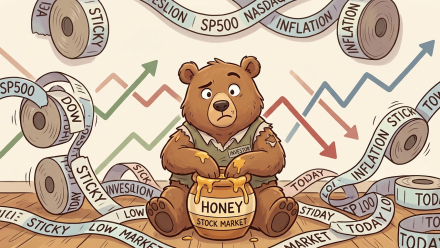 Illustrated bear investor holding a honey jar as ribbons labeled “sticky inflation,” “S&P 500,” “Nasdaq,” and “Dow” wind across a backdrop of mixed market arrows, representing investor concern over persistent inflation and market volatility.