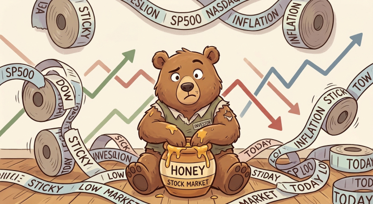 Illustrated bear investor holding a honey jar as ribbons labeled “sticky inflation,” “S&P 500,” “Nasdaq,” and “Dow” wind across a backdrop of mixed market arrows, representing investor concern over persistent inflation and market volatility.