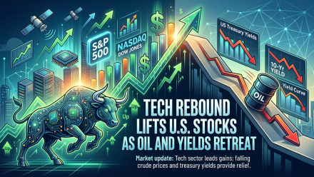 Illustration of a technology-themed Wall Street bull beside rising S&P 500, Nasdaq and Dow Jones charts, contrasted with falling crude oil and U.S. Treasury yield graphics, representing a tech-led U.S. stock market rebound.