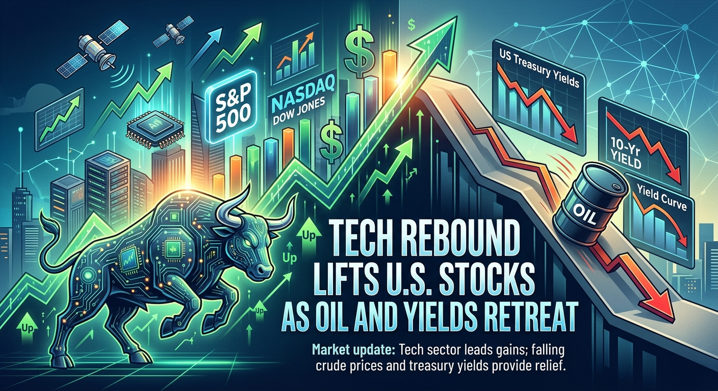 Illustration of a technology-themed Wall Street bull beside rising S&P 500, Nasdaq and Dow Jones charts, contrasted with falling crude oil and U.S. Treasury yield graphics, representing a tech-led U.S. stock market rebound.