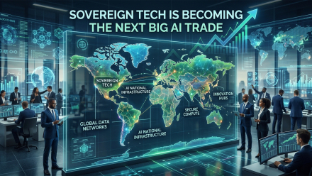 Futuristic global command center illustrating sovereign technology as the next major AI investment theme, with professionals viewing a digital world map, secure AI infrastructure dashboards, data networks, and rising market charts.
