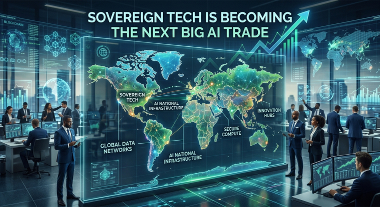 Futuristic global command center illustrating sovereign technology as the next major AI investment theme, with professionals viewing a digital world map, secure AI infrastructure dashboards, data networks, and rising market charts.