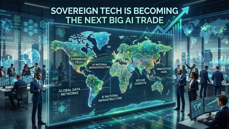 Futuristic global command center illustrating sovereign technology as the next major AI investment theme, with professionals viewing a digital world map, secure AI infrastructure dashboards, data networks, and rising market charts.
