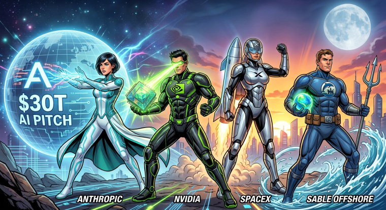 Comic-book-style illustration of four futuristic market heroes representing Anthropic’s $30 trillion AI opportunity, NVIDIA’s AI chip leadership, SpaceX’s IPO momentum and Sable Offshore’s energy-production growth, set against a globe, rocket launch, city skyline and ocean waves.