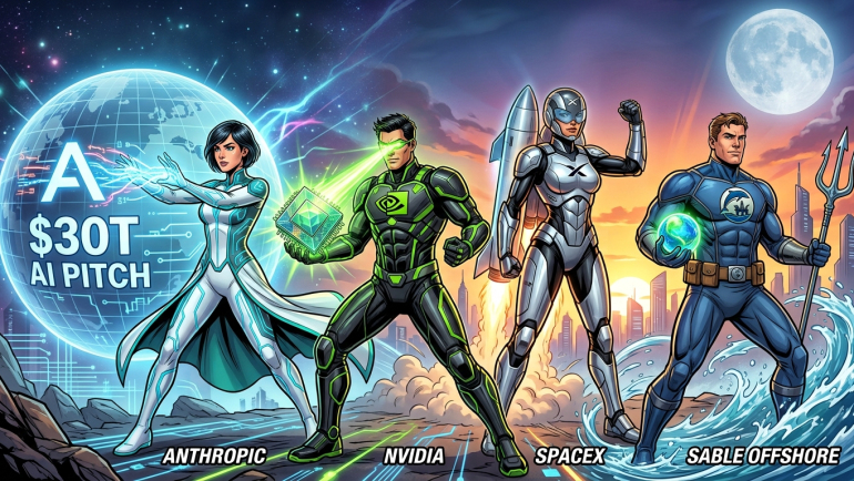 Comic-book-style illustration of four futuristic market heroes representing Anthropic’s $30 trillion AI opportunity, NVIDIA’s AI chip leadership, SpaceX’s IPO momentum and Sable Offshore’s energy-production growth, set against a globe, rocket launch, city skyline and ocean waves.
