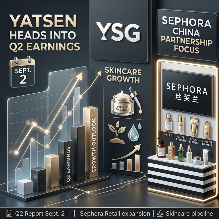 Investor-focused graphic showing Yatsen Holding (NYSE: YSG) ahead of its September 2 second-quarter earnings report, featuring rising earnings and growth charts, premium skincare products, and the company’s Sephora China partnership as key catalysts.