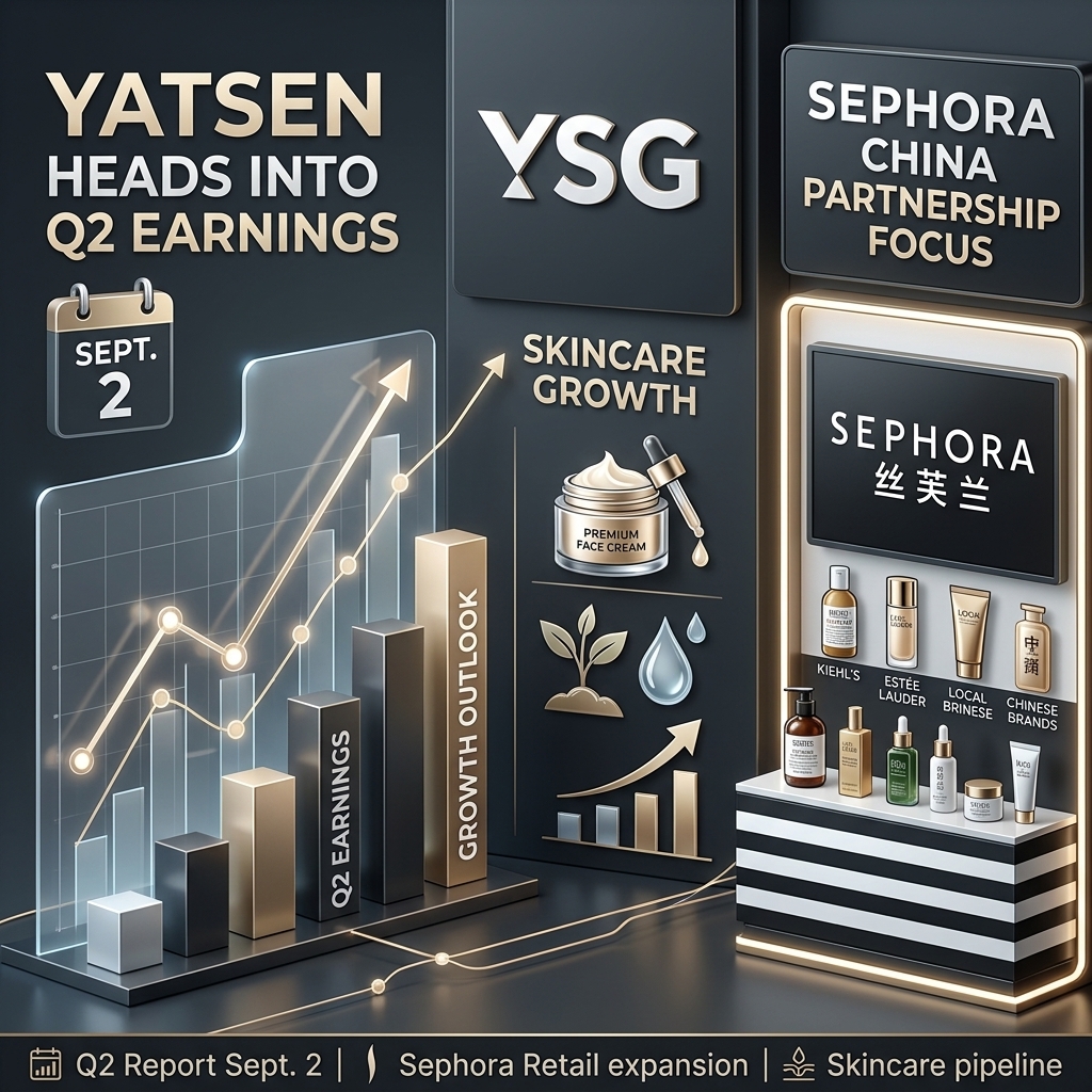 Investor-focused graphic showing Yatsen Holding (NYSE: YSG) ahead of its September 2 second-quarter earnings report, featuring rising earnings and growth charts, premium skincare products, and the company’s Sephora China partnership as key catalysts.