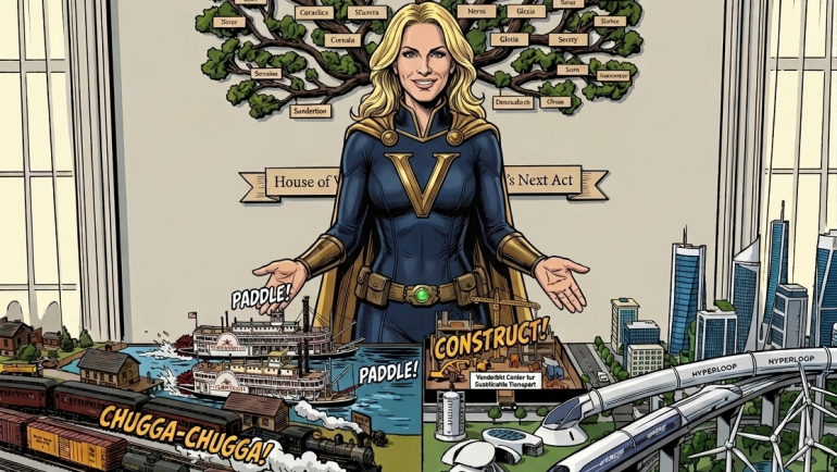 Illustrated financial editorial image of a blonde Vanderbilt-inspired woman in a navy-and-gold “V” suit standing before a family tree, with historic trains and steamboats on one side and futuristic high-speed rail, city towers, wind turbines, and investment coins on the other, symbolizing the evolution of generational wealth and family-office investing.