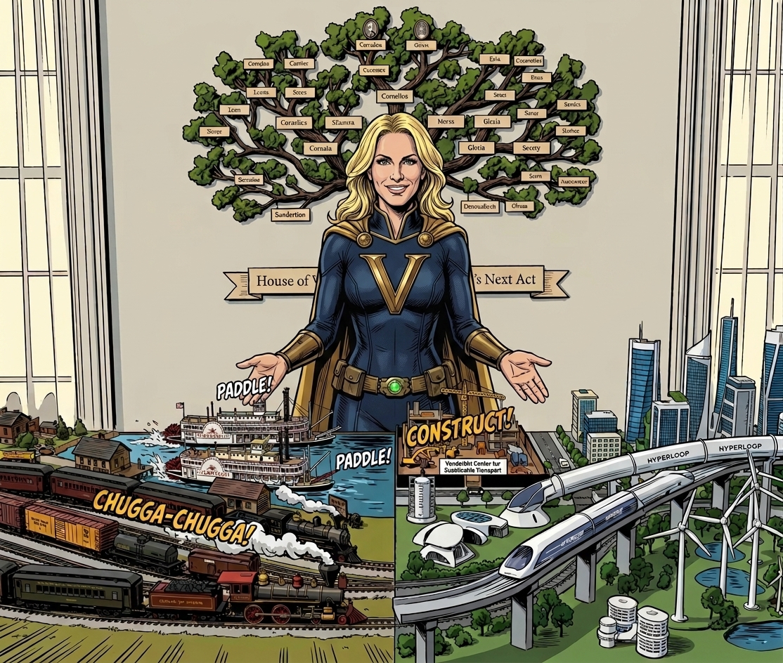Illustrated financial editorial image of a blonde Vanderbilt-inspired woman in a navy-and-gold “V” suit standing before a family tree, with historic trains and steamboats on one side and futuristic high-speed rail, city towers, wind turbines, and investment coins on the other, symbolizing the evolution of generational wealth and family-office investing.