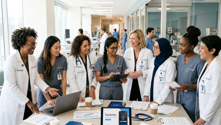 Diverse group of physicians and healthcare professionals reviewing a laptop and tablet together in a hospital corridor, illustrating collaborative adoption of AI-powered clinical workflow tools.