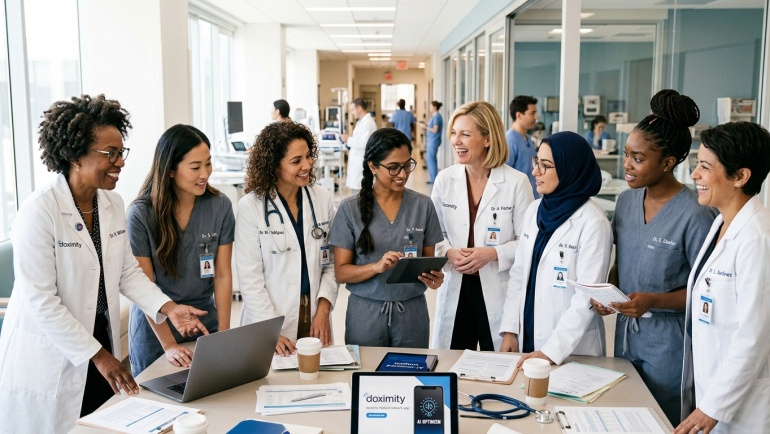 Diverse group of physicians and healthcare professionals reviewing a laptop and tablet together in a hospital corridor, illustrating collaborative adoption of AI-powered clinical workflow tools.