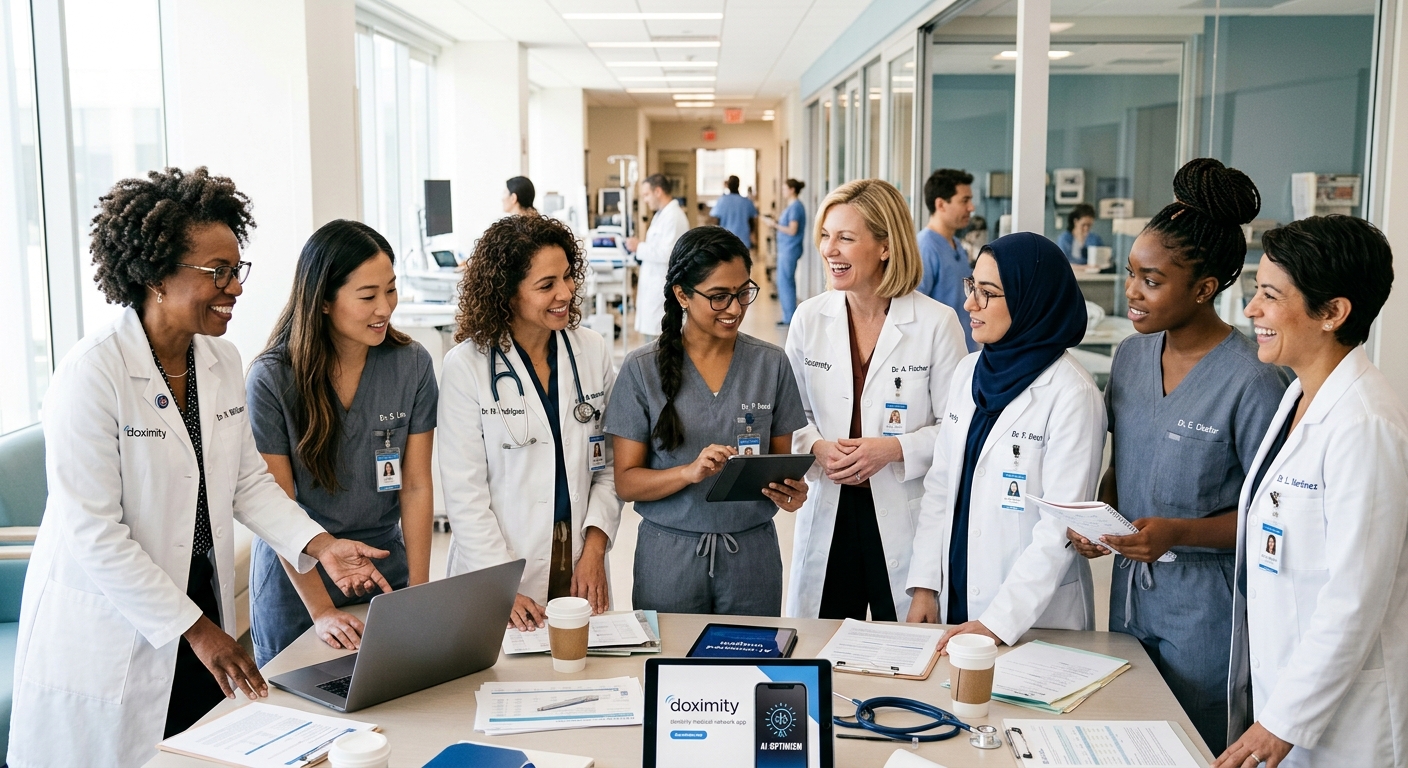 Diverse group of physicians and healthcare professionals reviewing a laptop and tablet together in a hospital corridor, illustrating collaborative adoption of AI-powered clinical workflow tools.