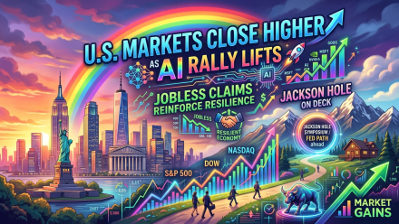 Colorful financial-market illustration showing Wall Street and the New York skyline, a rising bull market chart, AI and semiconductor graphics, the words “U.S. Markets Close Higher,” “AI Rally Lifts,” and “Jobless Claims Reinforce Resilience,” plus Jackson Hole mountains representing Federal Reserve policy focus.