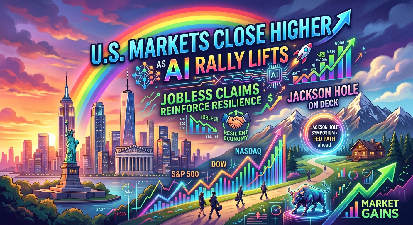 Colorful financial-market illustration showing Wall Street and the New York skyline, a rising bull market chart, AI and semiconductor graphics, the words “U.S. Markets Close Higher,” “AI Rally Lifts,” and “Jobless Claims Reinforce Resilience,” plus Jackson Hole mountains representing Federal Reserve policy focus.