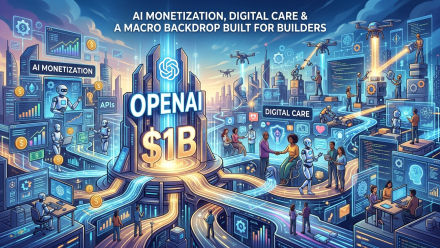 Alt text: Illustration of OpenAI’s $1 billion AI monetization opportunity, featuring AI-powered advertising dashboards, robots, digital healthcare consultations, data centers, drones, financial charts and connected technology infrastructure representing growth in artificial intelligence, telehealth and the broader market economy.