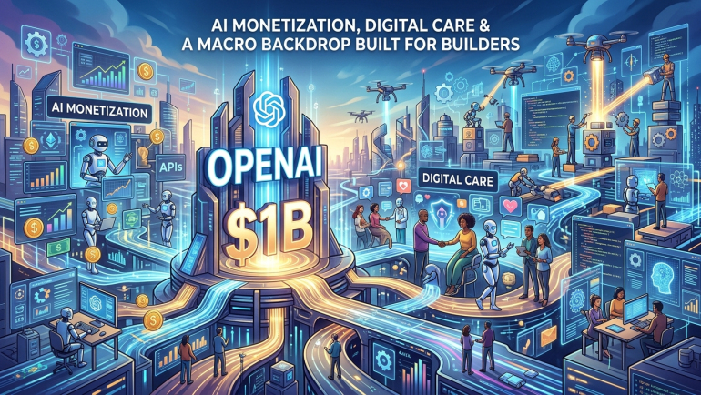 Alt text: Illustration of OpenAI’s $1 billion AI monetization opportunity, featuring AI-powered advertising dashboards, robots, digital healthcare consultations, data centers, drones, financial charts and connected technology infrastructure representing growth in artificial intelligence, telehealth and the broader market economy.