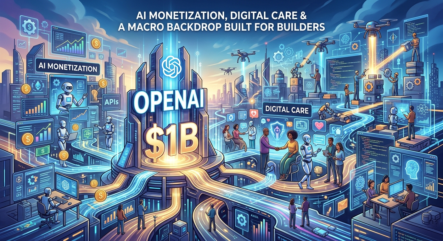 Alt text: Illustration of OpenAI’s $1 billion AI monetization opportunity, featuring AI-powered advertising dashboards, robots, digital healthcare consultations, data centers, drones, financial charts and connected technology infrastructure representing growth in artificial intelligence, telehealth and the broader market economy.