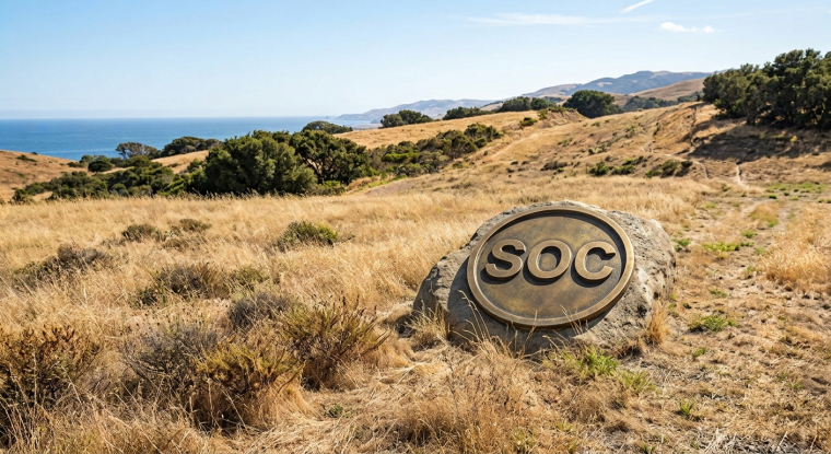 Coastal California hills overlooking the Pacific Ocean, with a large engraved stone displaying “SOC,” representing Sable Offshore Corp. (NYSE: SOC) and its Santa Ynez Pipeline System operations.