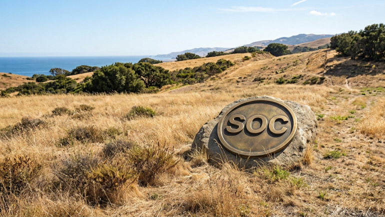 Coastal California hills overlooking the Pacific Ocean, with a large engraved stone displaying “SOC,” representing Sable Offshore Corp. (NYSE: SOC) and its Santa Ynez Pipeline System operations.