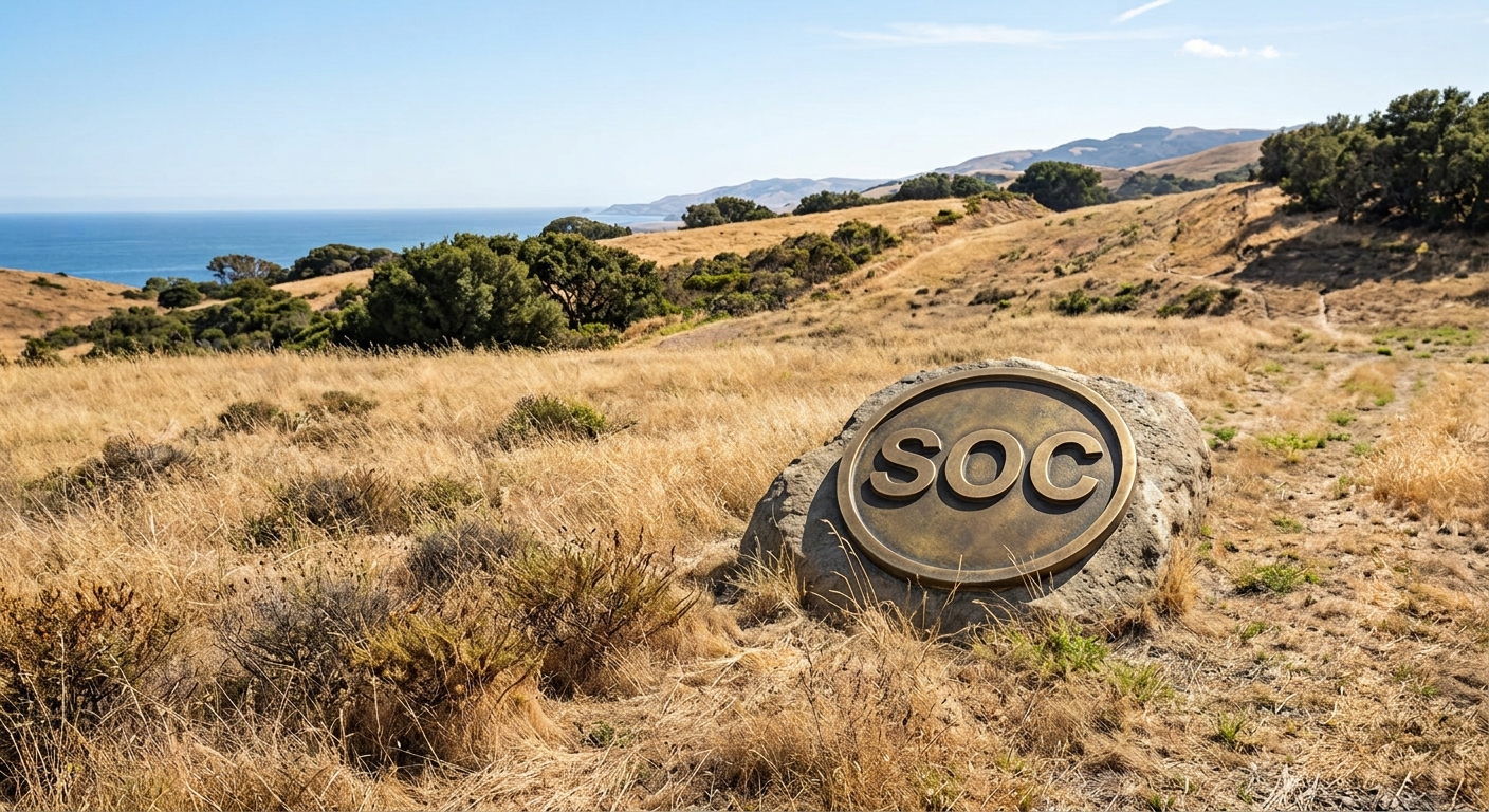 Coastal California hills overlooking the Pacific Ocean, with a large engraved stone displaying “SOC,” representing Sable Offshore Corp. (NYSE: SOC) and its Santa Ynez Pipeline System operations.