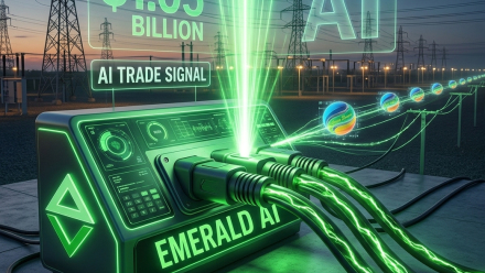 Futuristic green “Emerald AI” power-control console connected to electrical-grid cables at a transmission substation, with graphics reading “$1.05 Billion,” “AI Trade Signal,” and “The AI Trade Is Finally Plugging Into the Grid.”