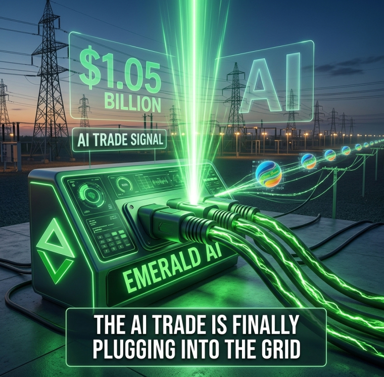 Futuristic green “Emerald AI” power-control console connected to electrical-grid cables at a transmission substation, with graphics reading “$1.05 Billion,” “AI Trade Signal,” and “The AI Trade Is Finally Plugging Into the Grid.”