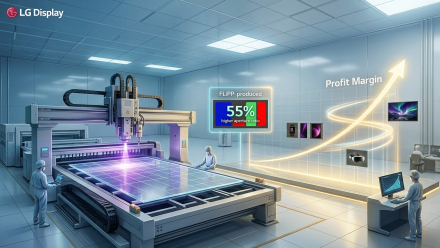 LG Display OLED manufacturing facility illustration showing FLiPP pixel-patterning equipment processing a large display panel, with a 55% higher aperture-ratio graphic and an upward “Profit Margin” arrow representing potential efficiency and profitability gains.