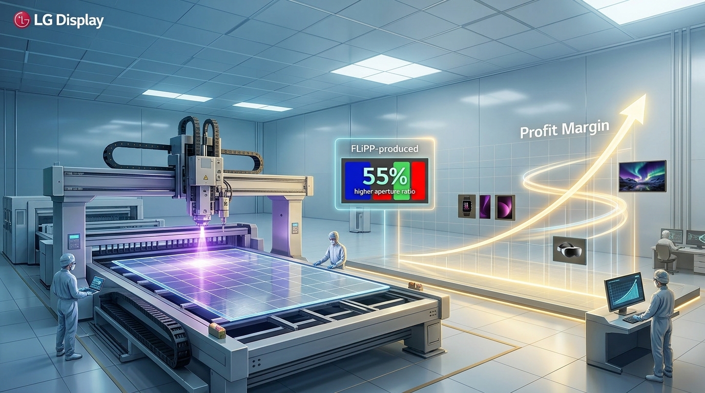 LG Display OLED manufacturing facility illustration showing FLiPP pixel-patterning equipment processing a large display panel, with a 55% higher aperture-ratio graphic and an upward “Profit Margin” arrow representing potential efficiency and profitability gains.