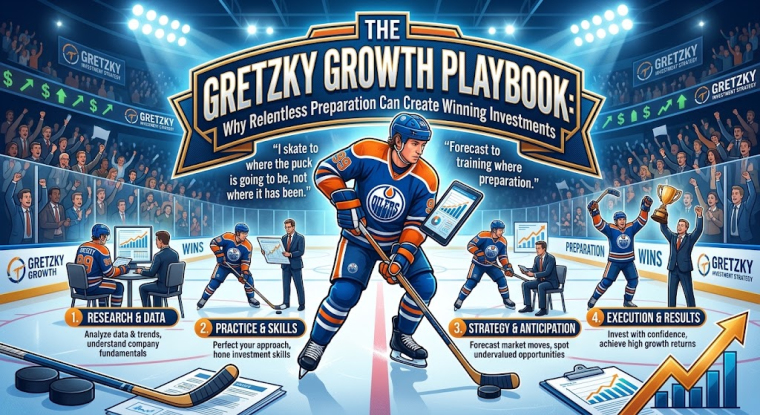 Illustrated hockey-arena infographic titled “The Gretzky Growth Playbook: Why Relentless Preparation Can Create Winning Investments,” showing Wayne Gretzky skating at center ice amid stock-market symbols and a four-step investment process: research and data, practice and skills, strategy and anticipation, and execution and results.