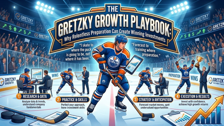 Illustrated hockey-arena infographic titled “The Gretzky Growth Playbook: Why Relentless Preparation Can Create Winning Investments,” showing Wayne Gretzky skating at center ice amid stock-market symbols and a four-step investment process: research and data, practice and skills, strategy and anticipation, and execution and results.