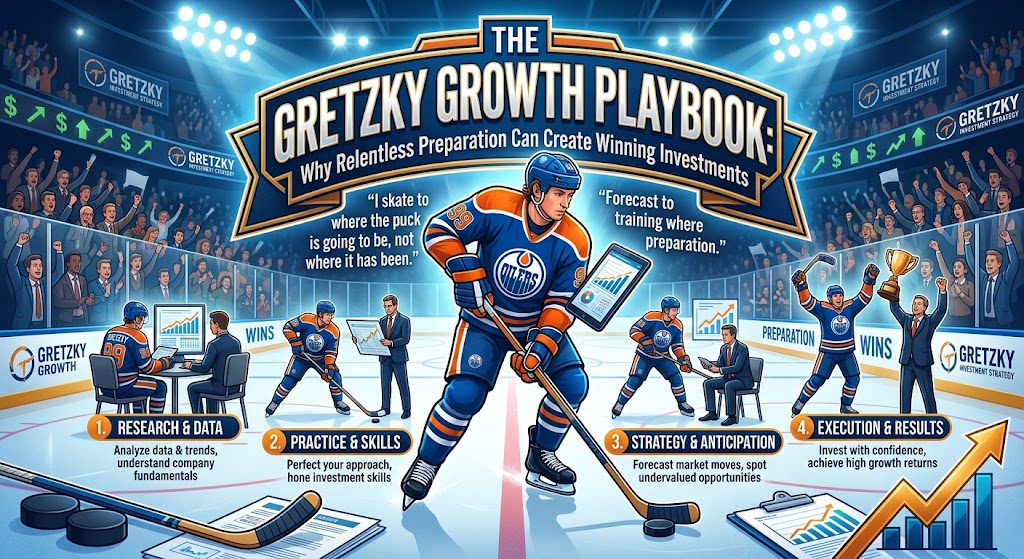 Illustrated hockey-arena infographic titled “The Gretzky Growth Playbook: Why Relentless Preparation Can Create Winning Investments,” showing Wayne Gretzky skating at center ice amid stock-market symbols and a four-step investment process: research and data, practice and skills, strategy and anticipation, and execution and results.