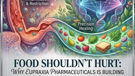 Promotional graphic for Tribe Public’s Eupraxia Pharmaceuticals webinar, “Food Shouldn’t Hurt: Why Eupraxia Pharmaceuticals Is Building a More Precise EoE Investment Story,” featuring CEO James Helliwell, MD; EoE inflammation imagery, precision-healing graphics and event details for Friday, August 21, 2026.