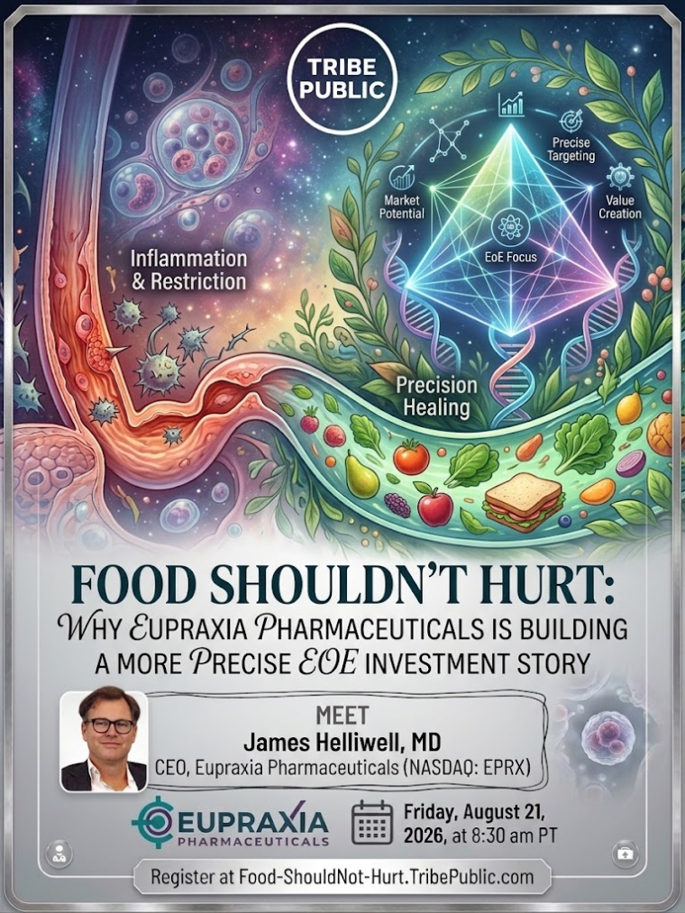 Promotional graphic for Tribe Public’s Eupraxia Pharmaceuticals webinar, “Food Shouldn’t Hurt: Why Eupraxia Pharmaceuticals Is Building a More Precise EoE Investment Story,” featuring CEO James Helliwell, MD; EoE inflammation imagery, precision-healing graphics and event details for Friday, August 21, 2026.